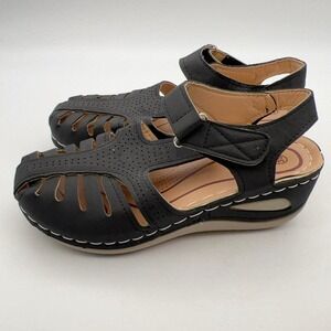 Black Laser Cut Fisherman Wedge Sandals Womens EU 35 Hook Loop New